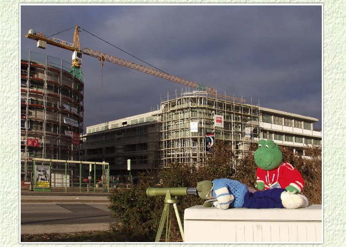 Kurti nimmt durch das Fernrohr den Bau des Gesundheitszentrums näher in Augenschein."Was kannst du denn schon erkennen?", fragt Mondi."Die Fenster sind schon drin, bestimmt werden bald die Gerüste demontiert", berichtet Kurti.Mondi ist neugierig, will sich die Baustelle noch näher ansehen und sucht sich auf der anderen Seite der Straße einen Platz.