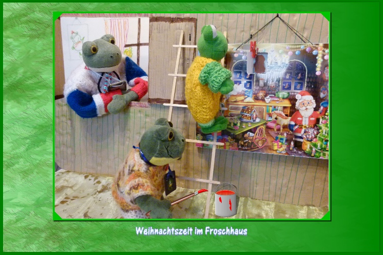 Karli:"Hast du vergessen, heute ist der 1.Dezember.Das 1. Fenster vom Adventskalender hat Fidibus schon ge&ouml;ffnet. Ich unterst&uuml;tze Fidibus  beim Einr&uuml;hren der Farbe und halte die Leiter."Fidibus:"Das Fenster habe ich schon mit einer Klammer festgemacht, jetzt bleibt es offen.Das Fenster soll mit einer gro&szlig;en Zahl gekennzeichnet werden."Kurti:"Das ist gut, so kann sich jeder Teichbewohner  am Kalender orientieren.Fast h&auml;tte ich das &Ouml;ffnen des 1.Fensters verpasst."