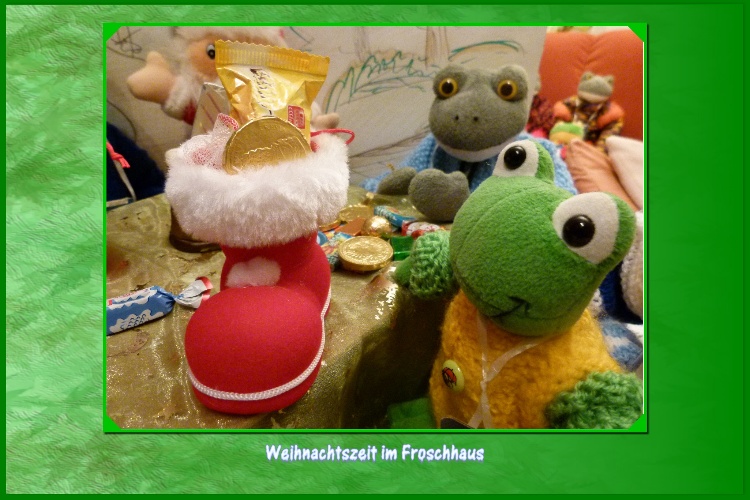 Nikolaustag, fr&uuml;her Morgen. Die Bewohner vom Froschhaus sind zeitig aufgestanden und wollen sehen ob und was der Nikolaus gebracht hat. Die Augen von Fidibus gl&auml;nzen vor Freude:"Schaut doch mal, in den gro&szlig;en Schuhen stecken goldene Schokoladentaler und Bonbons!" Fridolin schaut &uuml;ber den Tisch:"Es ist f&uuml;r jeden von uns etwas dabei, der Nikolaus hat  gerecht verteilt."