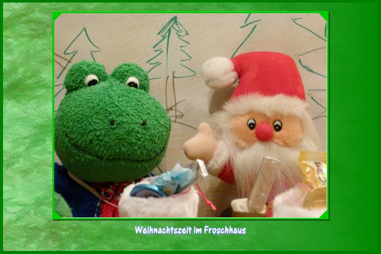 "Bitte mal Ruhe,"ruft Mondi, "der Nikolaus m&ouml;chte noch etwas zum Abschied sagen!"Der Nikolaus hebt die Hand und sagt:"F&uuml;r euch habe ich heute eine Ausnahme gemacht, normalerweise lasse ich mich nicht sehen.Ich komme und gehe im Dunklen und verteile die kleinen Geschenke in die sauberen Schuhe.Euch w&uuml;nsche ich auch im n&auml;chsten Froschjahr viel Spa&szlig; und Freude am Teich und mit den Kindern."