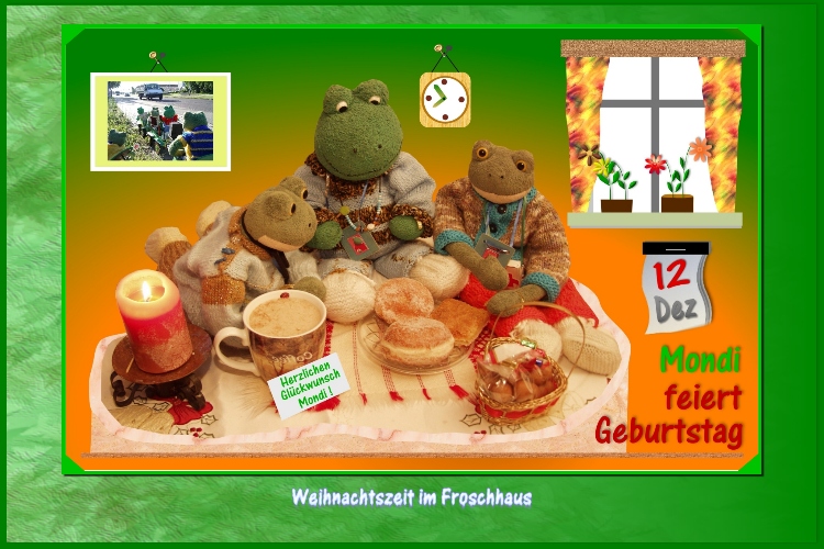 2 Tage sp&auml;ter. Kurti und Berti gratulieren Mondi zum 11.Geburtstag."Wir w&uuml;nschen Dir  vor allem weiterhin unfallfreie Fahrt mit dem Froschmobil und immer gute Laune am Steuer", &uuml;berbringt Kurti seine W&uuml;nsche."Bleibe gesund und munter, dann fahren wir noch viel rauf und runter", reimt Berti seinen Wunsch.Kurti erg&auml;nzt:"Nat&uuml;rlich sollen wir Dich auch von allen anderen Freunden herzlich gr&uuml;&szlig;en.Sie sind zur Zeit noch im Teichland besch&auml;ftigt.Wir haben f&uuml;r ein kleines Geschenk unsere Taler zusammen gelegt."Mondi freut sich :"Vielen Dank f&uuml;r die W&uuml;nsche und das Geschenk.Greift zu, die Pfannkuchen sind ganz frisch!"