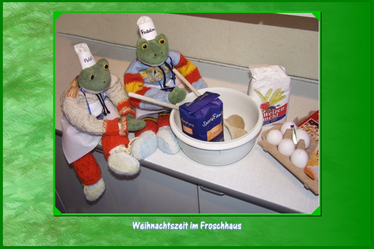 Fridolin: "Jetzt haben wir alle Zutaten um den Teig f&uuml;r die Kekse kneten zu k&ouml;nnen. Poldi &uuml;berpr&uuml;ft noch mal mit schnellen Blick: "Butter, Mehl, Zucker, Eier und Salz, wir k&ouml;nnen anfangen." Fridolin: "Ich werde den Teig r&uuml;hren bzw. kneten, halte du bitte die Sch&uuml;ssel fest."