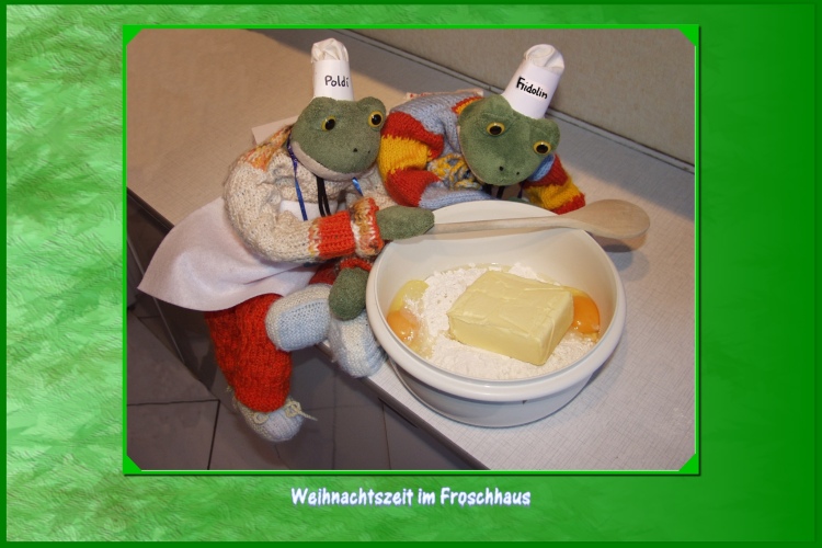 Poldi: xDie Butter m&uuml;ssen wir noch etwas zerkleinern, sonst k&ouml;nnen wir den Teig schlecht kneten.x Fridolin: xDas ist klar, gleich geht es los.x