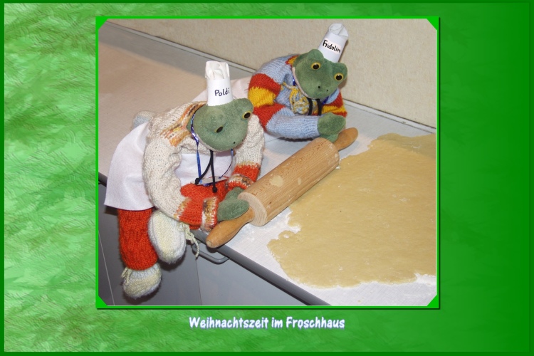 Fridolin:x Das war anstrengend, den Teig kneten ist nicht einfach.x Poldi: xDaf&uuml;r rolle ich jetzt den Teig aus, ruhe dich einen Moment aus.x Fridolin: xImmer etwas Mehl auf die Rolle streuen, dann klebt der Teig nicht fest.x