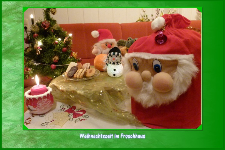 "Hohoho, weit von drau&szlig;en komm ich her, ich glaub es weihnachtet sehr", begr&uuml;&szlig;t der Weihnachtsmann die Bewohner vom Froschhaus, "ihr wart sehr flei&szlig;ig , dann will ich mal sehen was ich f&uuml;r euch mitgebracht habe. Mein Helfer, der kleine Wichtel wird mich unterst&uuml;tzen. Die Kekse habe ich schon gekostet. Sie schmecken sehr gut." Karli antwortet: "Vielen Dank , Weihnachtsmann. Der Weg war bestimmt anstrengend." Weihnachtsmann: "Das stimmt, jetzt fange ich aber mit den Geschenken an, denn viele Kinder warten noch." 