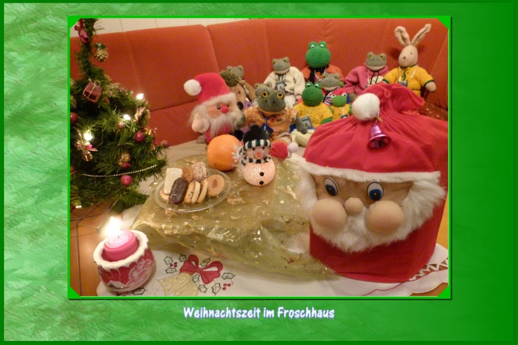 "Nun muss ich euch verlassen , auf mich warten noch viele Kinder denen ich ihre Geschenke bringe", verabschiedet sich der Weihnachtsmann ."Vielen Dank, lieber Weihnachtsmann f&uuml;r die Geschenke", bedankt sich Karli im Namen aller Froschhausbewohner, "wir werden uns jetzt noch unter dem Weihnachtsbaum zusammensetzen." 