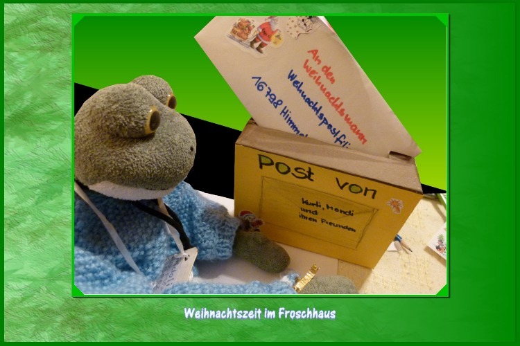 Fridolin unterst&uuml;tzt Kurti und Mond:"Seht mal , ich habe den Briefumschlag noch mit Weihnachtsbildern versehen, der Weihnachtsmann wird sich bestimmt freuen.Die Anschrift stimmt auch , ihr k&ouml;nnt das Weih-nachtspostamt nicht verfehlen.F&uuml;r eure Reise habe ich auch die Trinkflaschen aufgef&uuml;llt. Bitte gr&uuml;&szlig;t den Weih-nachtsmann auch von uns", gibt er den Reisenden mit auf den Weg. 
