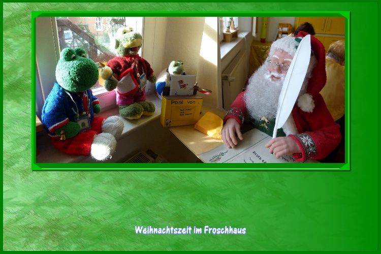 "So so,"meint der Gehilfe vom Weihnachtsmann beim Empfang,"ihr seid also Kurti und Mondi aus dem Froschhaus und du bist der Reporter der TEICH-NACHRICHTEN.Ich habe schon von euch viel Gutes geh&ouml;rt und dies auch dem Weihnachtsmann berichtet.Euren Wunschzettel k&ouml;nnt ihr hier lassen.Ihr m&uuml;sst euch noch einen Moment gedulden, es sind noch einige Kinder vor euch beim Weihnachtsmann." Tommi, der Reporter ist besorgt:"Hoffentlich beantwortet der Weihnachtsmann meine vielen Fragen?" Der Gehilfe beruhigt Tommi:"Du bekommst auf jede Frage eine Antwort, versprochen!"