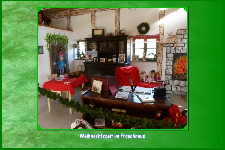 Mondi wirft noch mal einen Blick auf den Schreibtisch vom Weihnachtsmann :"Alle Wunschzettel der Kinder kommen hier auf den Tisch und werden gelesen."Kurti &uuml;berlegt:"Dann dauert es nicht mehr lange und der Weihnachtsmann liest auch unseren Wunschzettel aus dem Froschhaus." Mondi:"Ganz bestimmt, wir haben den Wunschzettel pers&ouml;nlich &uuml;bergeben.Auf den Weihnachtsmann k&ouml;nnen wir uns verlassen!"