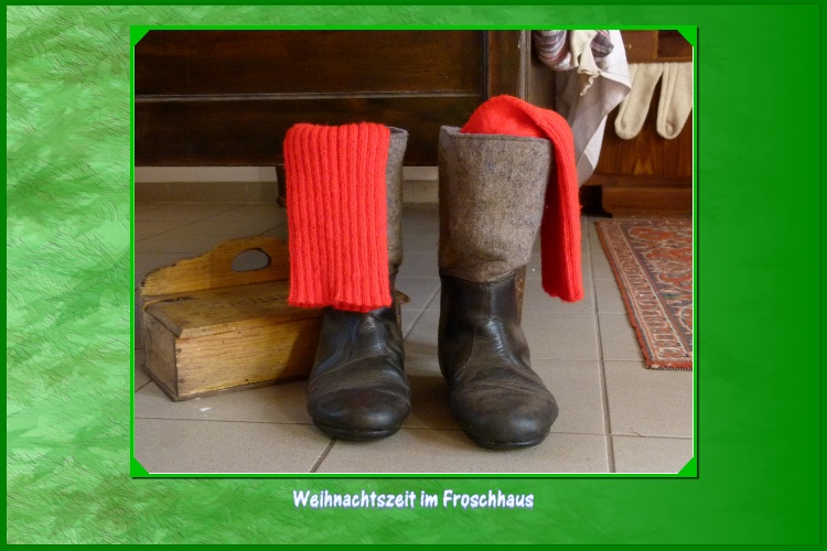 "Halt, Stop" , ruft Mondi beim Verlassen des Weihnachtsmannzimmers," sieh doch mal die gro&szlig;en Stiefel und dicken Socken !" Kurti bleibt gelassen:"Das ist doch klar, mit den Stiefeln kann er durch den hohen Schnee stapfen, sonst w&uuml;rde er sich nasse und kalte F&uuml;&szlig;e holen und krank werden."Mondi:Der Besuch beim Weihnachtsmann hat uns gefallen.Wir fahren wieder in das Froschhaus zur&uuml;ck und erz&auml;hlen unseren Freunden von unseren Erlebnissen.