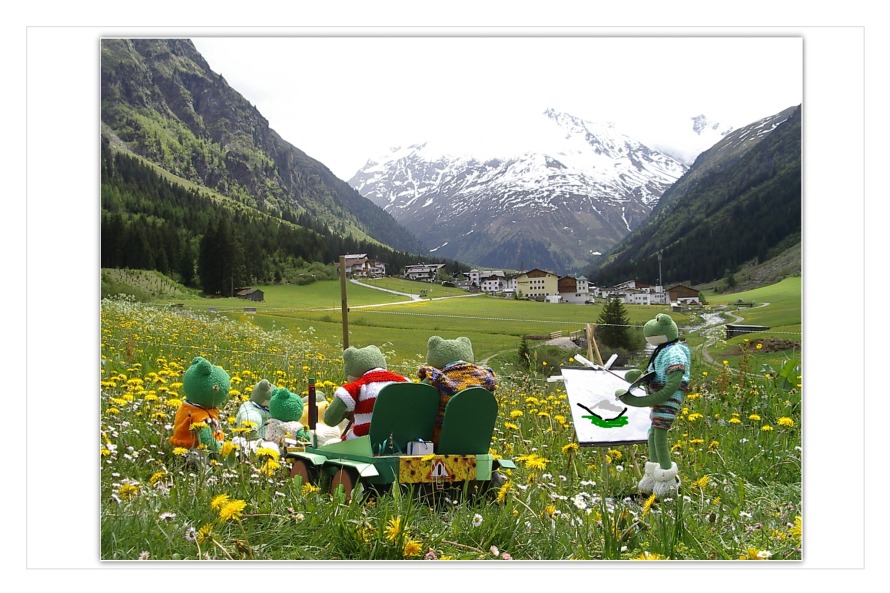 Gesagt , getan. Das Wetter zeigt sich wieder von seiner besten Seite. Fridolin hat die Farben gemischt und versucht diesen herrlichen Blick auf der Leinwand fest zuhalten."Achtung , nicht bewegen, sonst verwackelt mein Gem&auml;lde", ruft er zu seinen Freunden. "Hier ist es so sch&ouml;n, ich m&ouml;chte gar nicht wieder aufstehen", sagt Berti.